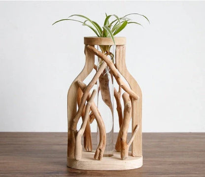 Handcrafted wooden vase with glass container for hydroponic floral displays and home decor