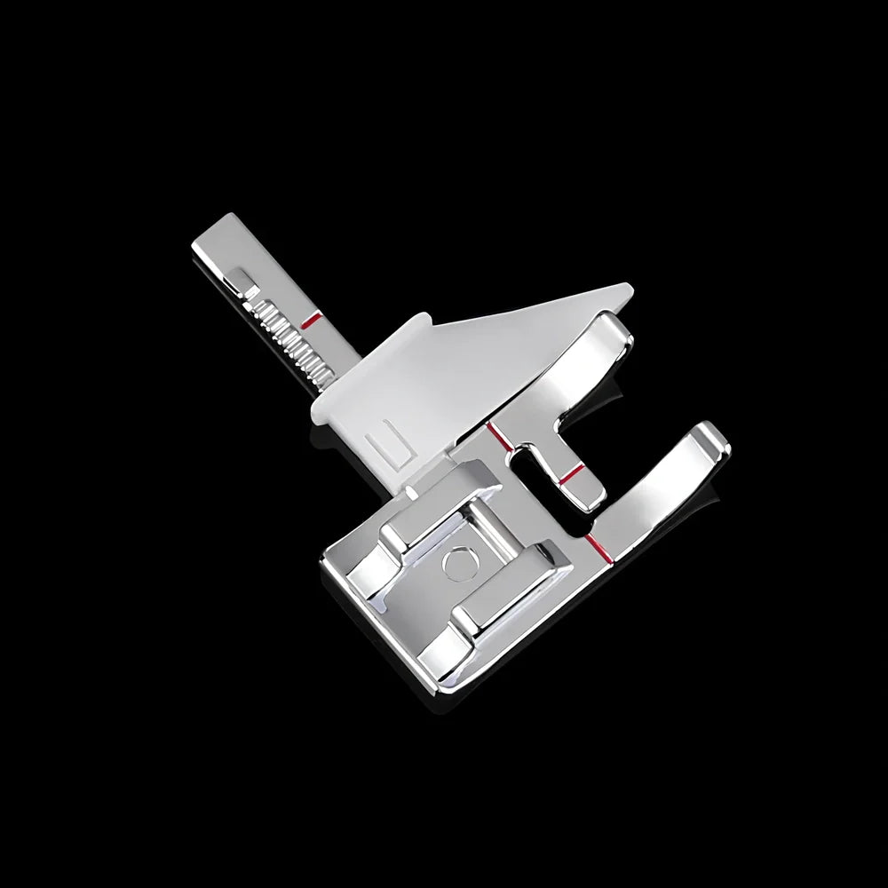 Regular sewing machine presser foot with red border guide for precise quilting measurements