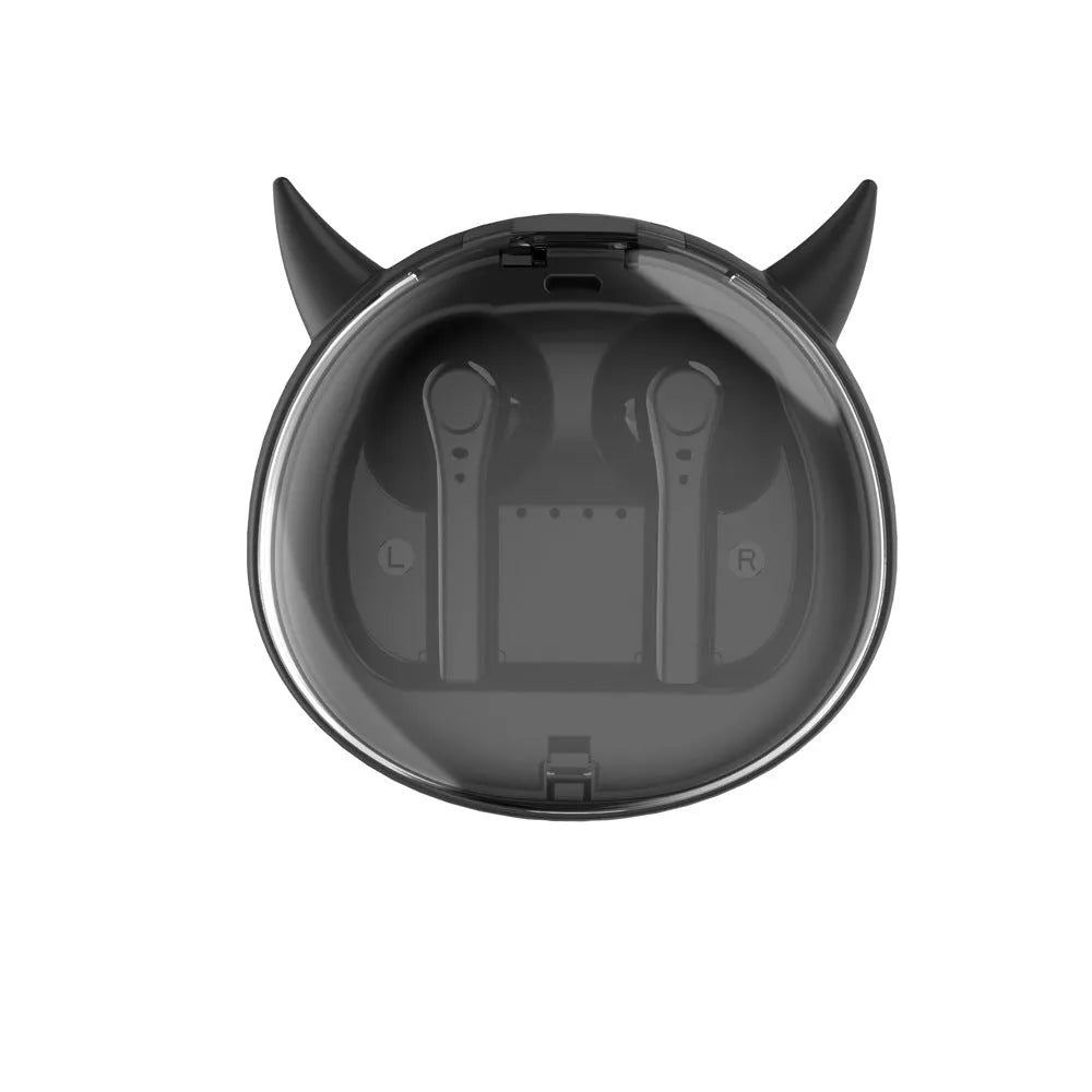 Macaron Red true wireless Bluetooth 5.0 headset with in-ear design showing battery display