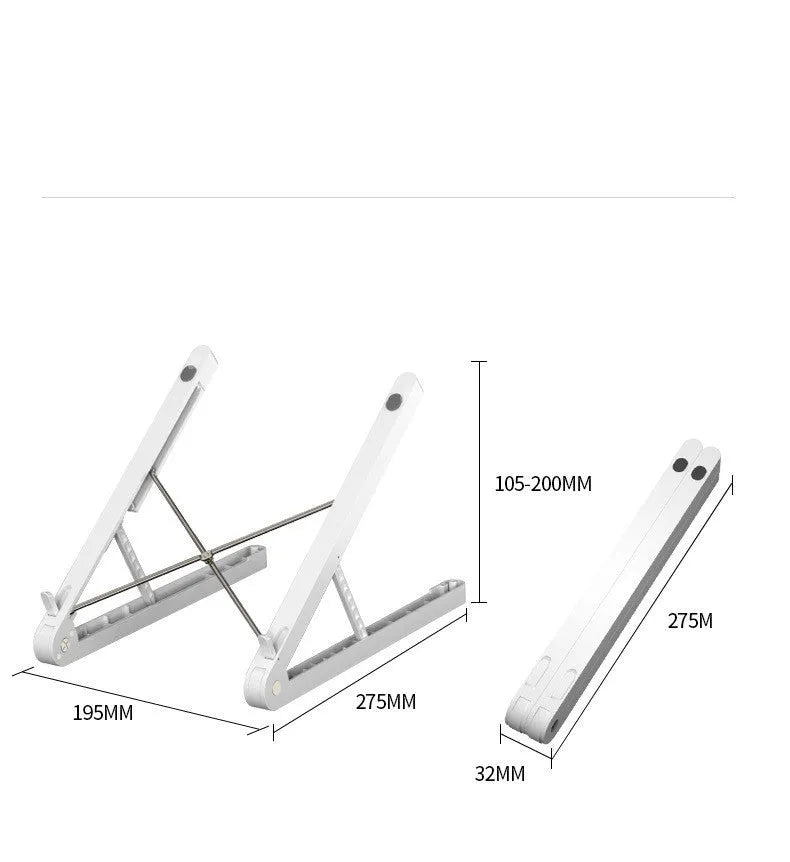 Folding ABS notebook stand in white or black, 32cm wide and 275mm deep, about 25kg load