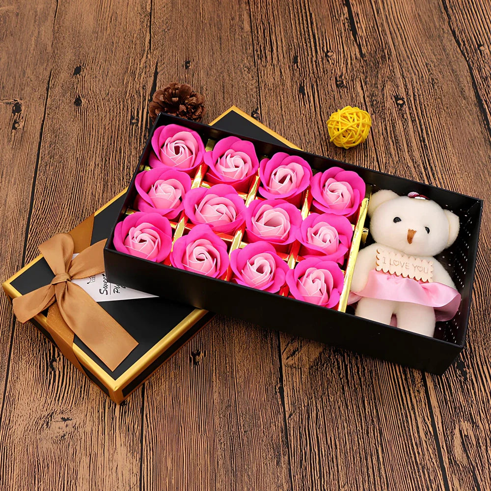 12 rose soap flowers with bear accents in basket arrangement, red colour variant in gift box