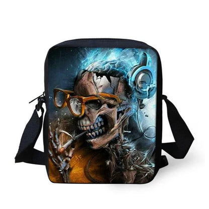 Skull print children's messenger bag with adjustable double straps and zipper closure, shown in a casual setting.