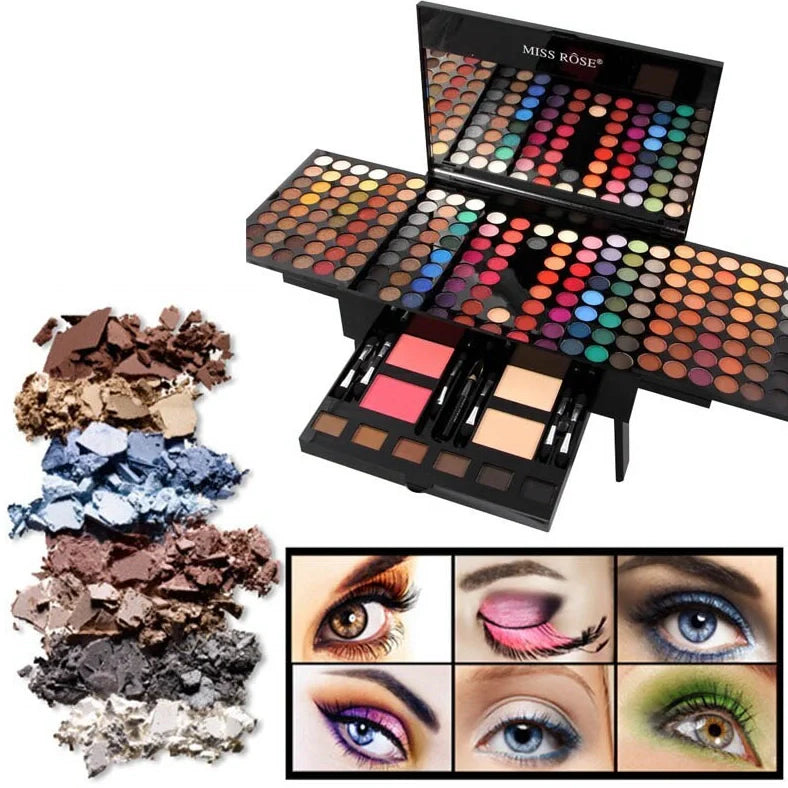 Piano-shaped makeup palette with 190 powder shades including eyeshadows, blushes and powders