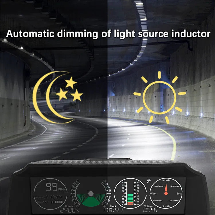 GPS GO 2 universal car head-up display with carbon fibre body showing speed, angle, and compass data on a colour LCD screen.