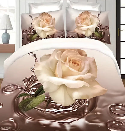 Brushed 3D floral four-piece bedding set in A Blue, showing 200x230cm quilt cover with raised pattern and matching pillowcases