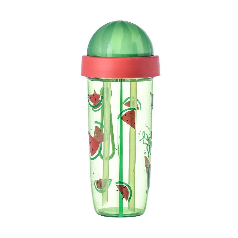 Double straw cup with leak-proof design for couples, available in pineapple, strawberry, and watermelon patterns.