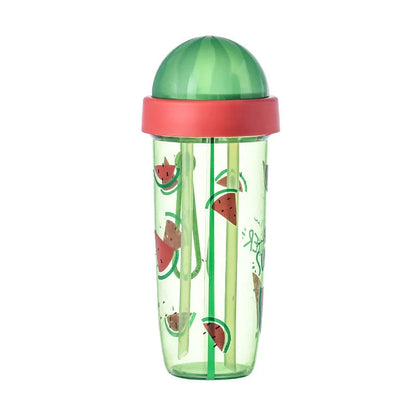 Double straw cup with leak-proof design for couples, available in pineapple, strawberry, and watermelon patterns.