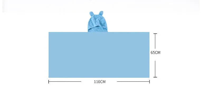 Blue hooded baby bath towel with dimensions 65cm by 110cm laid flat.