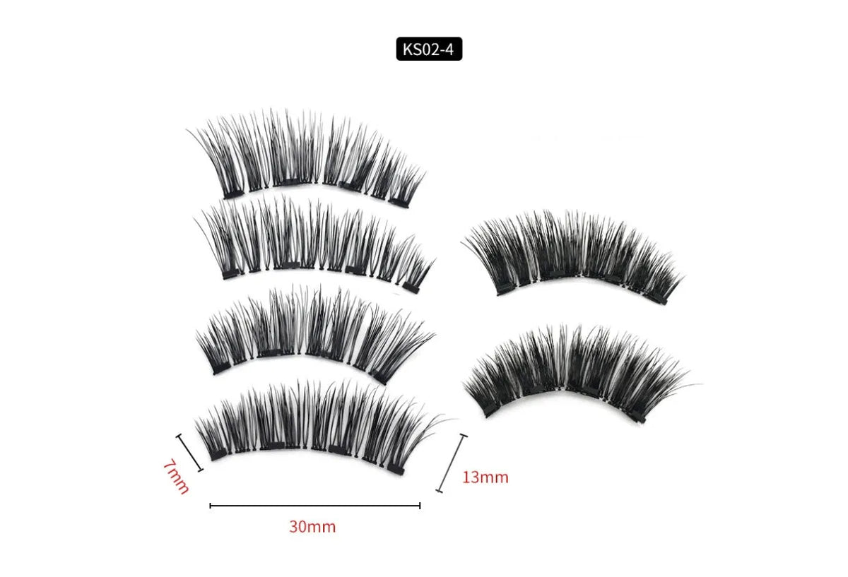 Four magnet false eyelashes in imported fibre with hand made construction and optional eyelash curler