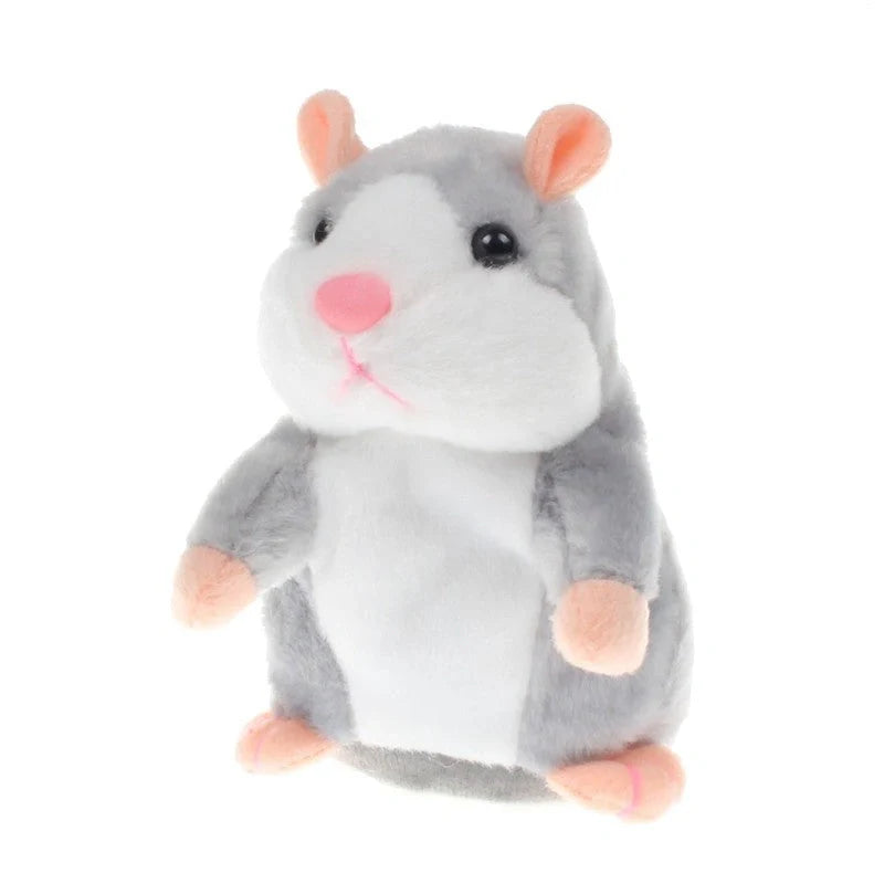 15cm talking hamster plush toy with repeat function in light brown, dark brown, and grey