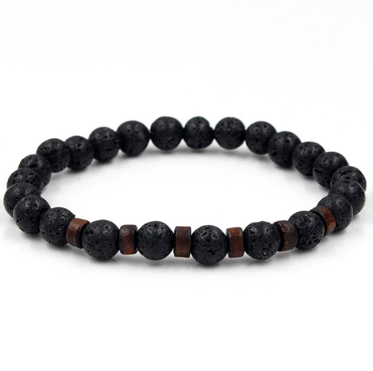 A stylish and durable men's bracelet made with volcanic stone, flash stone, and wood chips