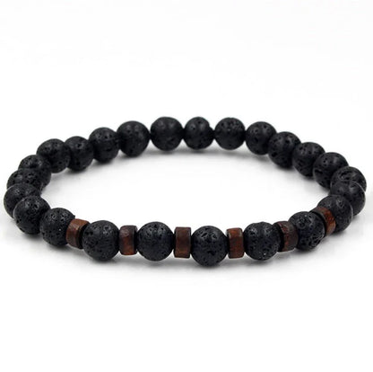 A stylish and durable men's bracelet made with volcanic stone, flash stone, and wood chips