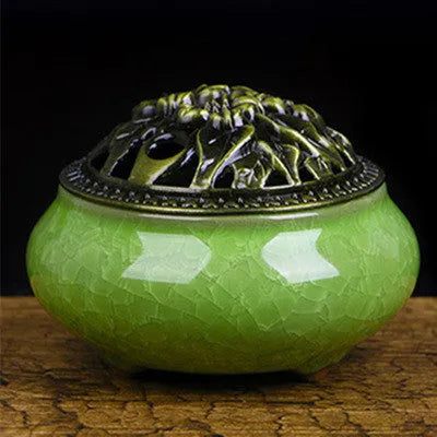 Retro ceramic incense burner in multiple glaze colours with 8cm diameter and 7cm height