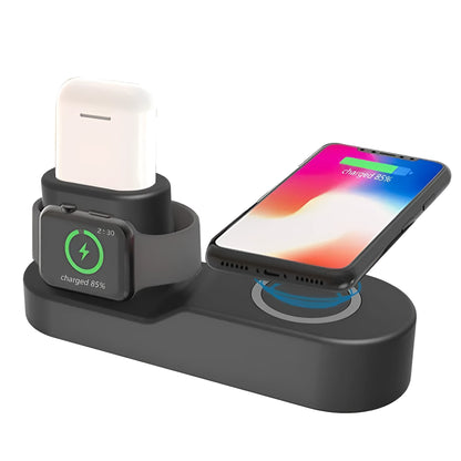 Black and white W3 wireless charging station for Apple iPhone, AirPods and Apple Watch on a desk