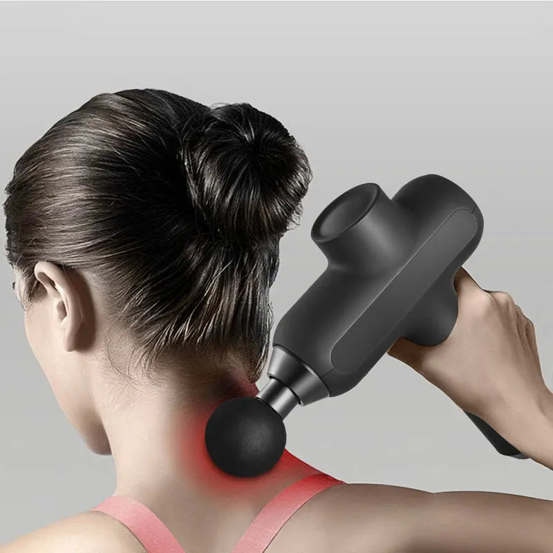 Black rechargeable muscle massager with six interchangeable heads measuring 25x20x6cm
