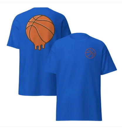 Men's thin polyester mesh short-sleeved T-shirt on a hanger, showing ball-style pattern, available in multiple colours.