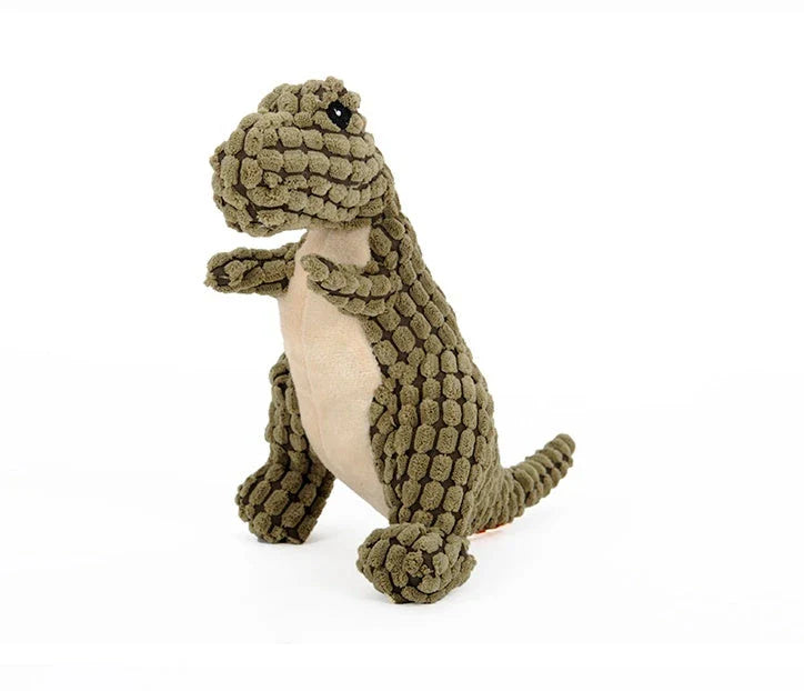 Durable dinosaur-shaped dog toys made of corn velvet and plush filling, available in multiple colors and sizes for large and small pets