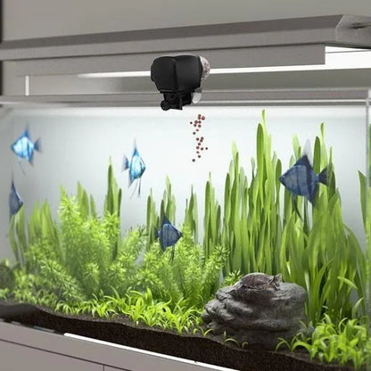 Black digital automatic aquarium fish feeder AF 2009D, 110 x 100 x 68mm plastic timer unit with mounting stickers