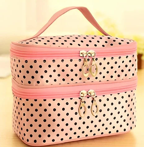 Double-layer cosmetic bag with multicoloured dots measuring 20.5cm length