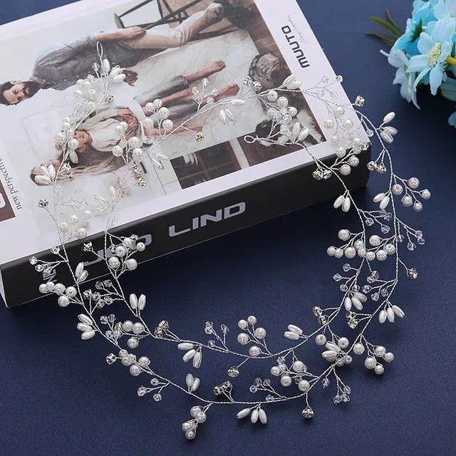 Wedding hair band with crystal pearls, 100cm length, in silver, gold, or rose gold finish