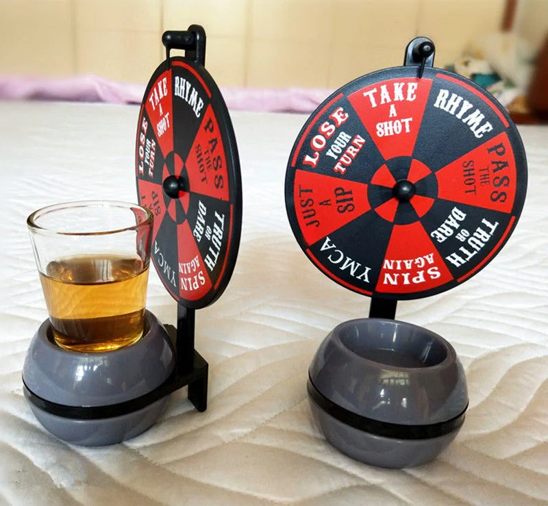 Rotatable drinking game set with plastic turntable and glass wine glass