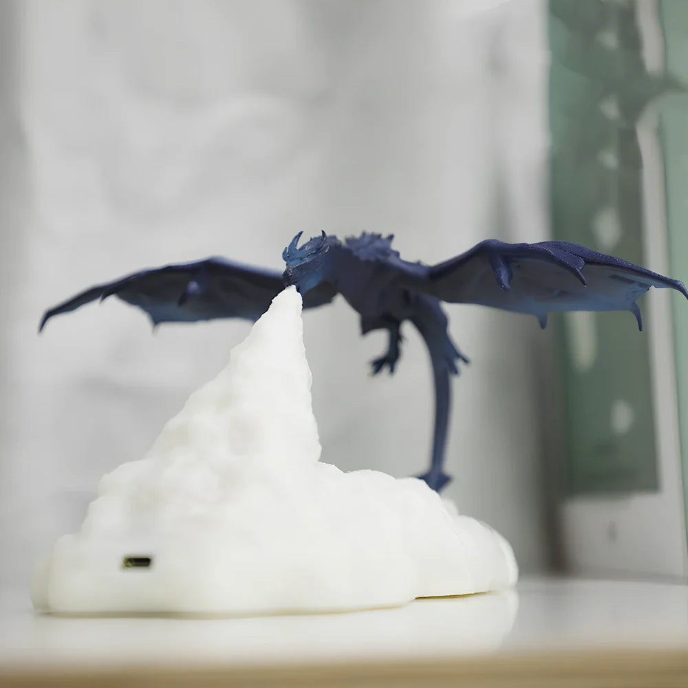 3D printed dragon LED night light with blue colour and fire illumination effect