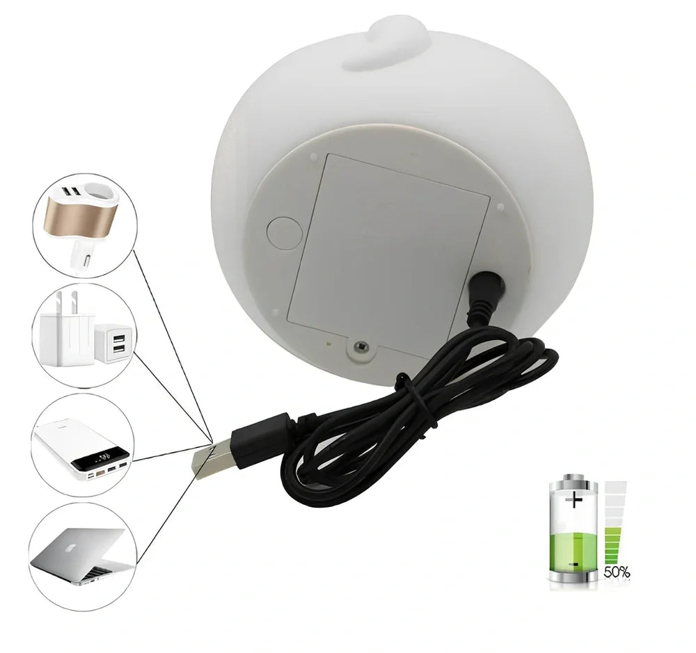 White silicone cat LED lamp with warm glow, measuring 12.5cm tall with USB charging port