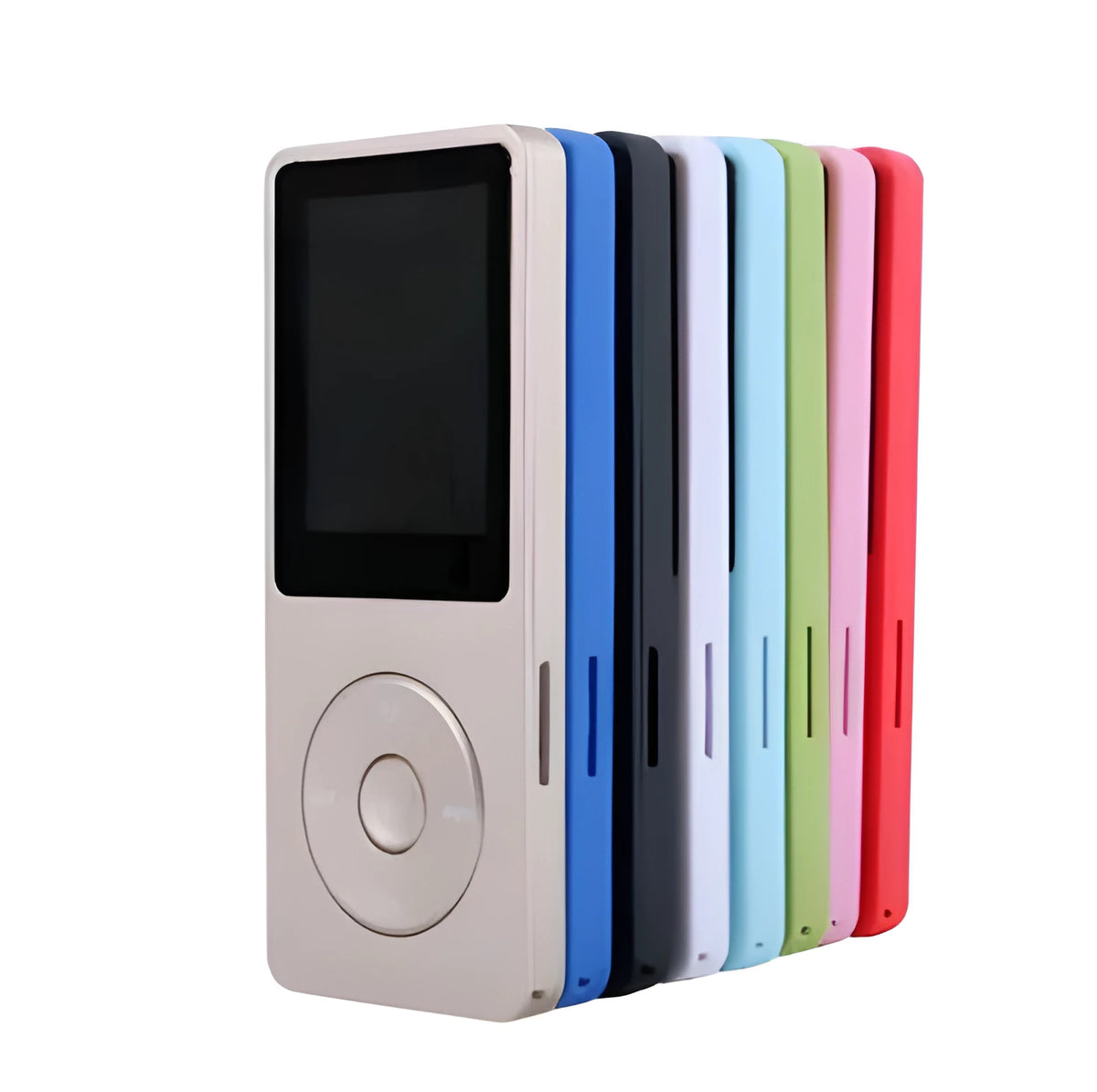 1.8-inch colour screen MP4 player in multiple colours showing 70-hour playtime and FM radio functions
