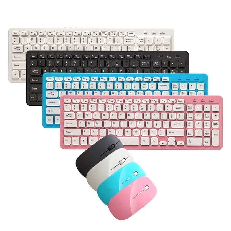 Wireless keyboard and mouse set with 96-key membrane keyboard and three-speed DPI mouse, plug-and-play USB connectivity, ergonomic tilt angle, and choice of black, white, pink, or blue plastic casing