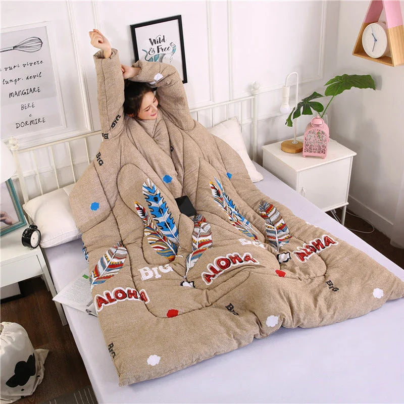 Cozy heated blanket with sleeves for comfortable lounging and hands-free relaxation