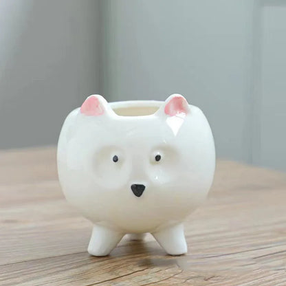 Ceramic succulent flowerpot with hand-painted cartoon animal and floral design in rustic style