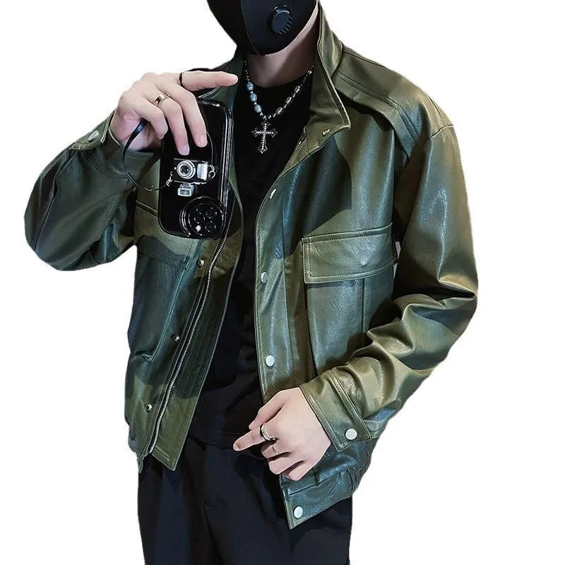 Korean style black PU leather pilot jacket for men with side pockets and straight hem.