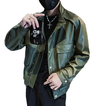 Korean style black PU leather pilot jacket for men with side pockets and straight hem.