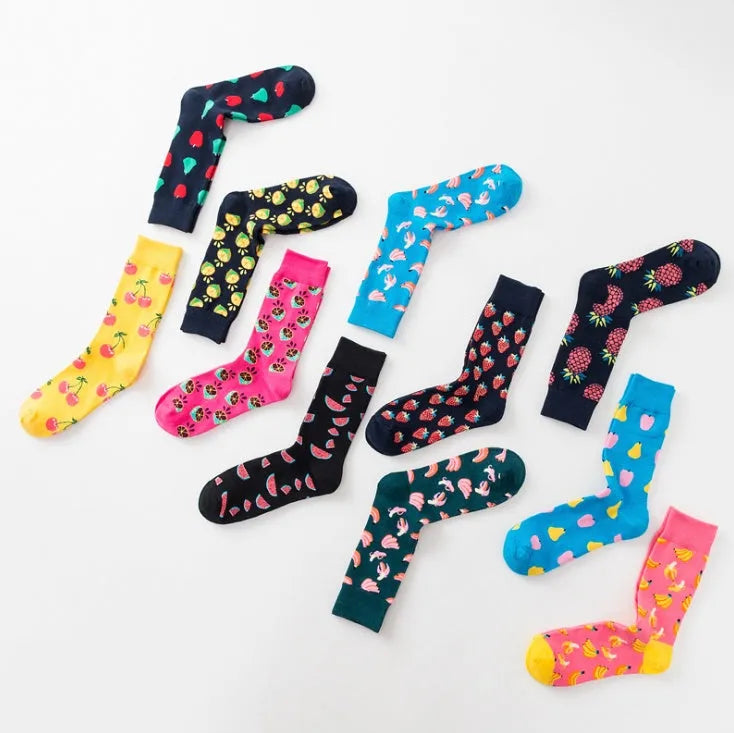 Happy tube socks with fruit banana design, cotton 200-pin knit, EU 39-43, multiple colours