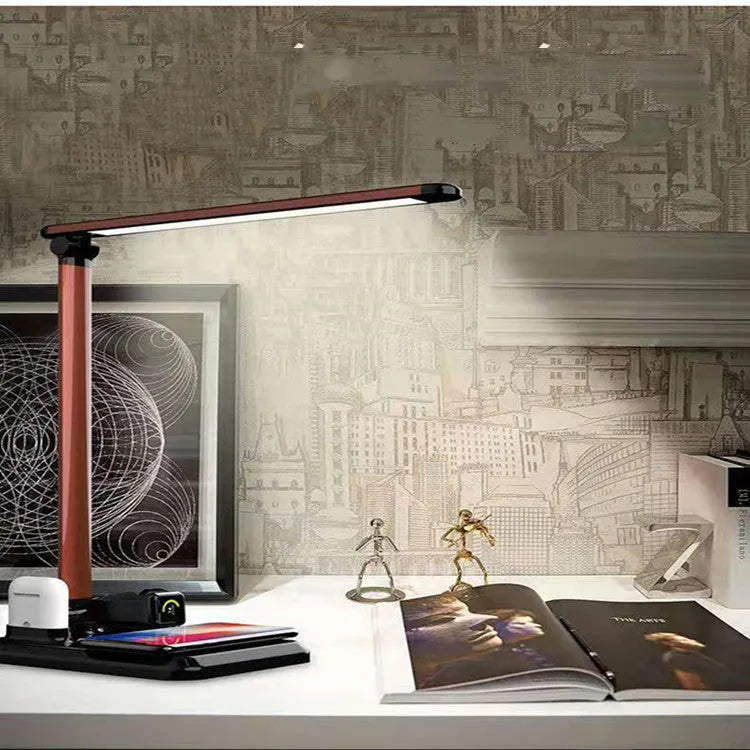 Black and white 4-in-1 multi-function LED desk lamp with wireless charging pad and digital clock display