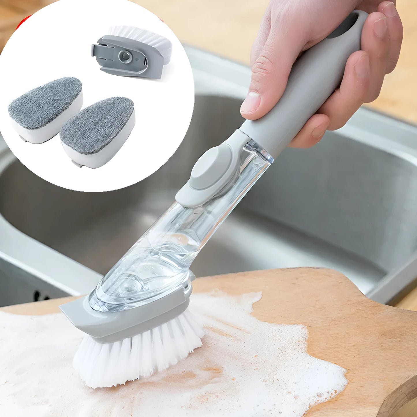 Long-handled 2-in-1 kitchen cleaning brush with removable brush head and integrated sponge