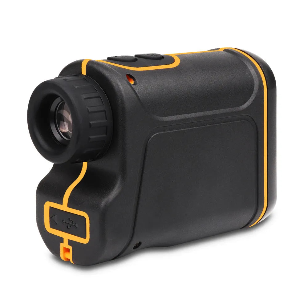 Outdoor handheld golf rangefinder showing compact design with display screen and measurement buttons