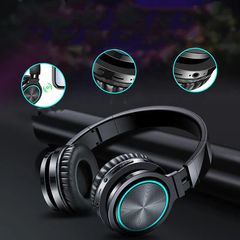 Wireless folding over-ear headset shown in black, black and red, and white and grey colour options.