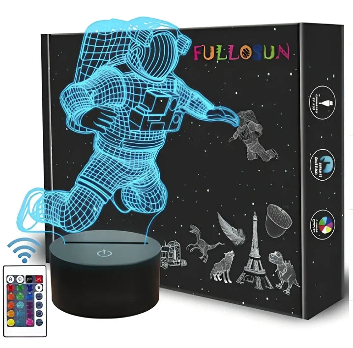3D astronaut LED night light with USB plug showing dimensional design and compact bedside placement