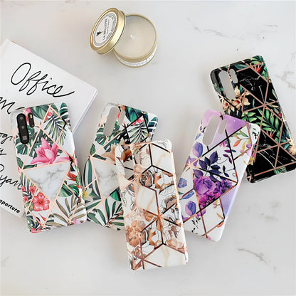 Floral lattice pattern Huawei phone case in various colours showing TPU PC construction