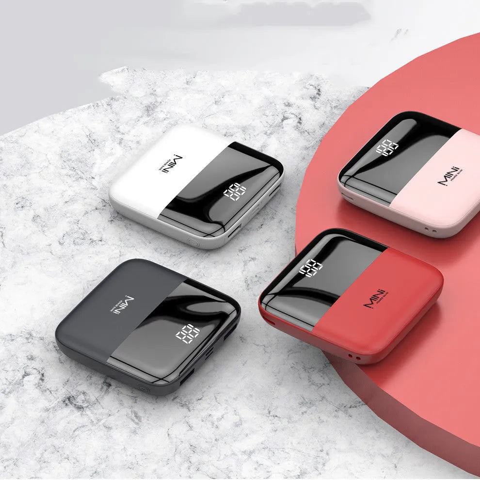 10000mAh portable power bank with digital display in black, pink, red, or white colours