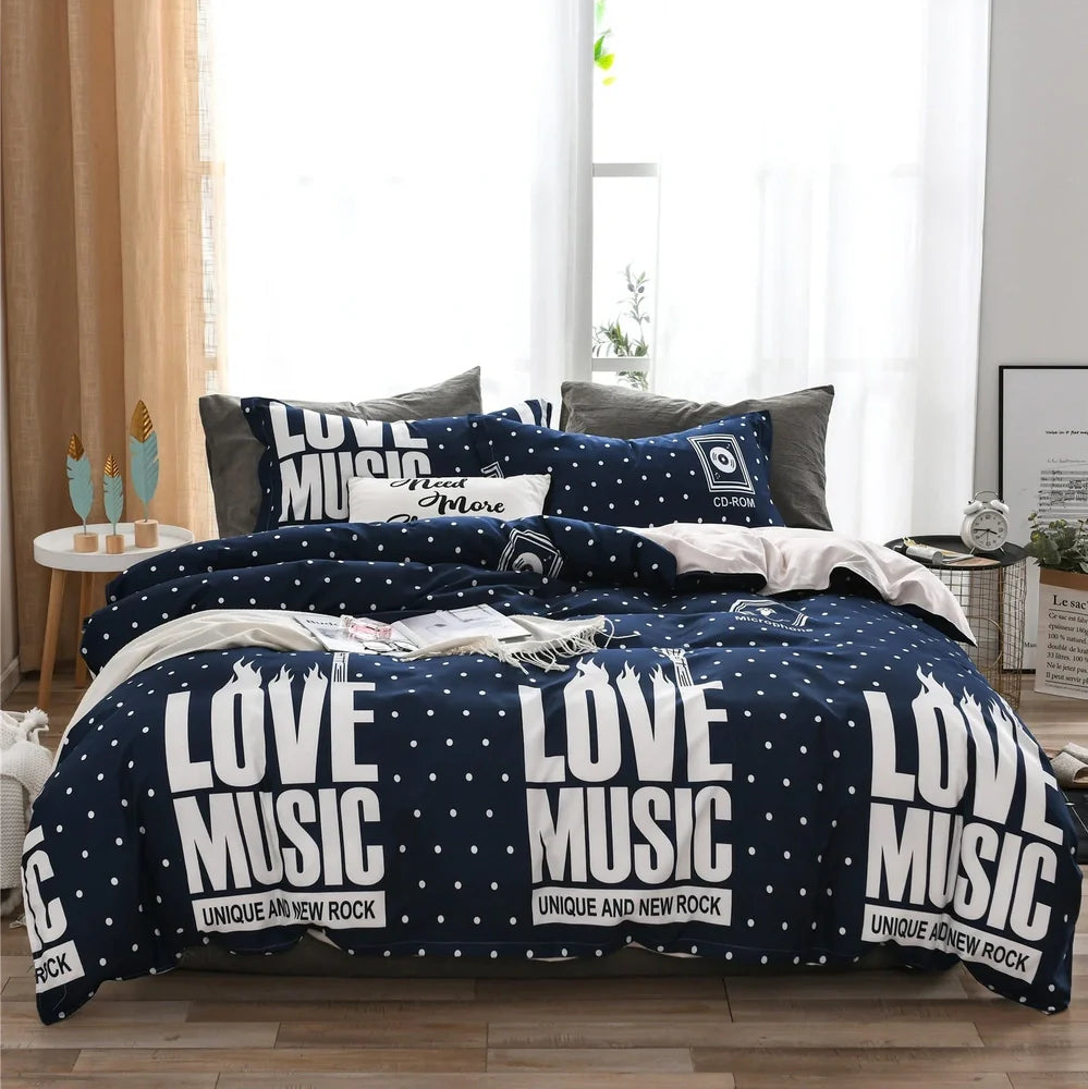 Blue cartoon series polyester bedding set with quilt 200x200cm, 2 pillowcases 50x75cm, fitted sheet for UK Double