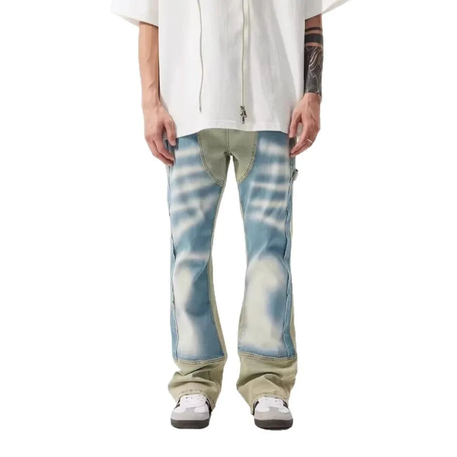 Yellow and blue patchwork splash-ink damaged jeans with mid-waist fit and zip placket