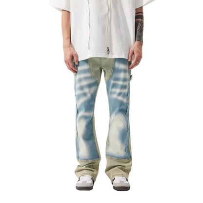 Yellow and blue patchwork splash-ink damaged jeans with mid-waist fit and zip placket