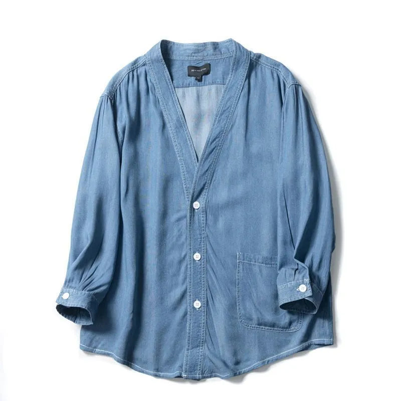 Men's dark blue denim coat with three-quarter sleeves and V-neck collar