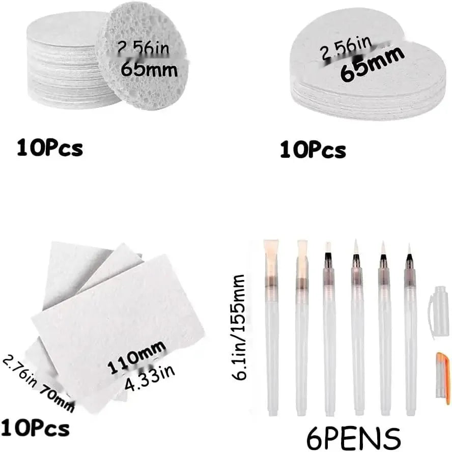 A set of cartoon-patterned wood pulp paper sheets, six fountain pens, and three blank sponge shapes: a heart, a circle, and a square.