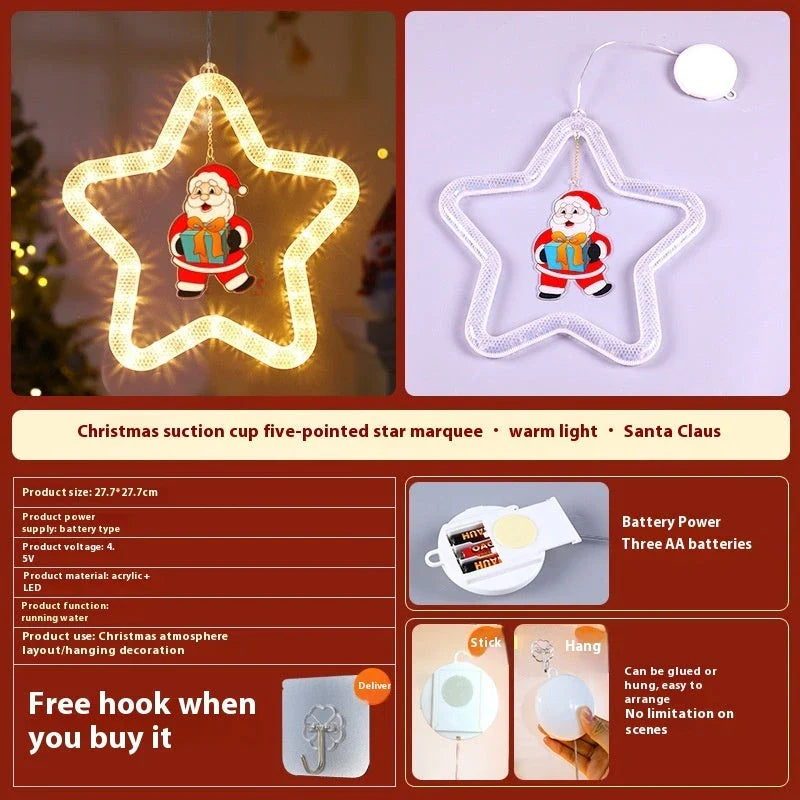 Festive LED Christmas star pendant light with five-point design, perfect for holiday decorations on windows, doors, and more