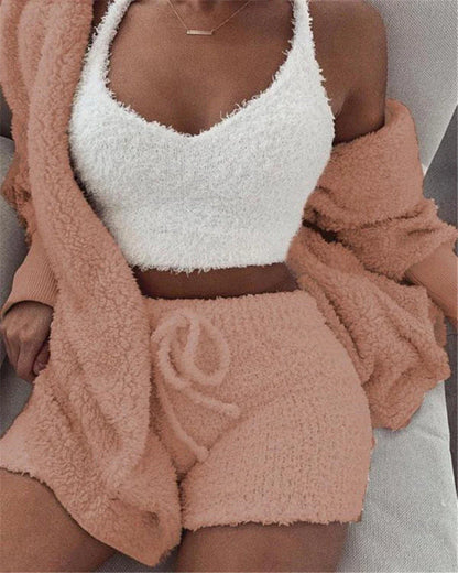 A cozy 3-piece loungewear set featuring a long sleeve crop top and drawstring shorts in a variety of stylish colors.