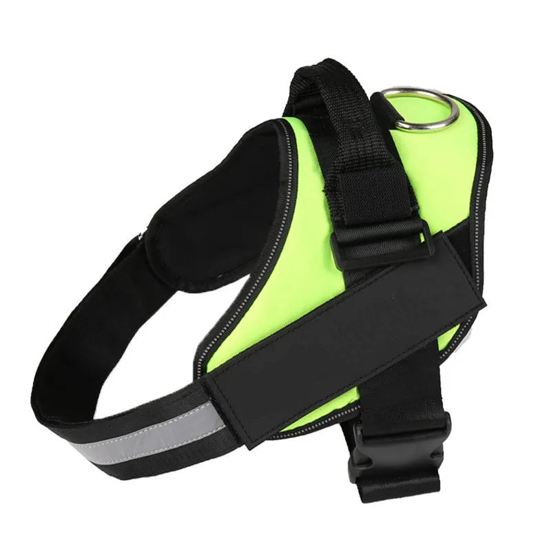 Adjustable reflective nylon dog harness vest with a sturdy handle and chest strap, shown on a size chart.