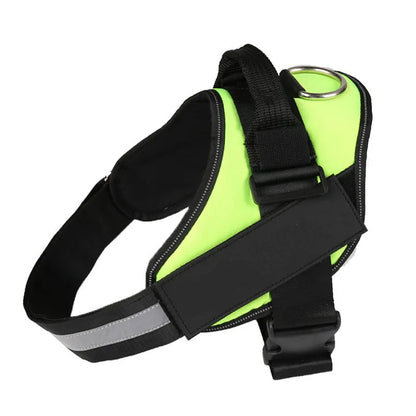 Adjustable reflective nylon dog harness vest with a sturdy handle and chest strap, shown on a size chart.
